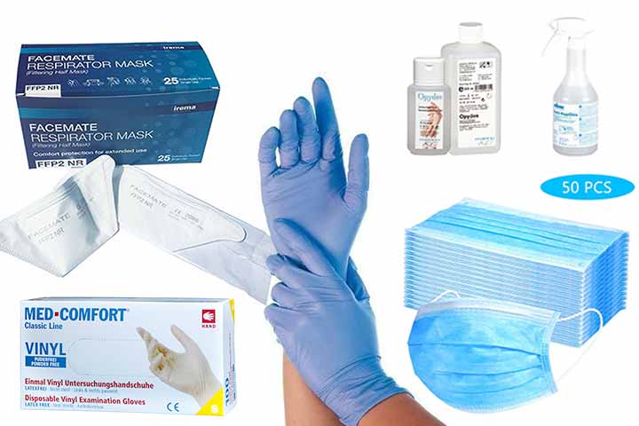 Mund- und Nasenschutz Handschuhe Desinfektionsmittel